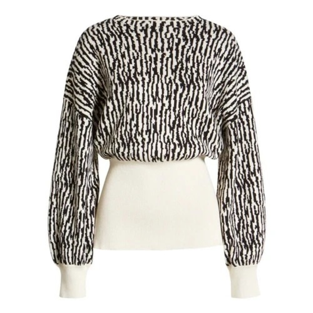 OPEN EDIT Black and Cream Print Sweater Dolman Sleeve Open Back with‎ Tie, XXS